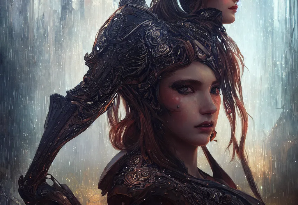 Image similar to portrait knights of zodiac girl + smoky eyes, black fire color reflected armor, in ruined agora of athens rainy night, ssci - fi and fantasy, intricate and very beautiful and elegant, highly detailed, digital painting, artstation, concept art, smooth and sharp focus, illustration, art by tian zi and wlop and alphonse mucha