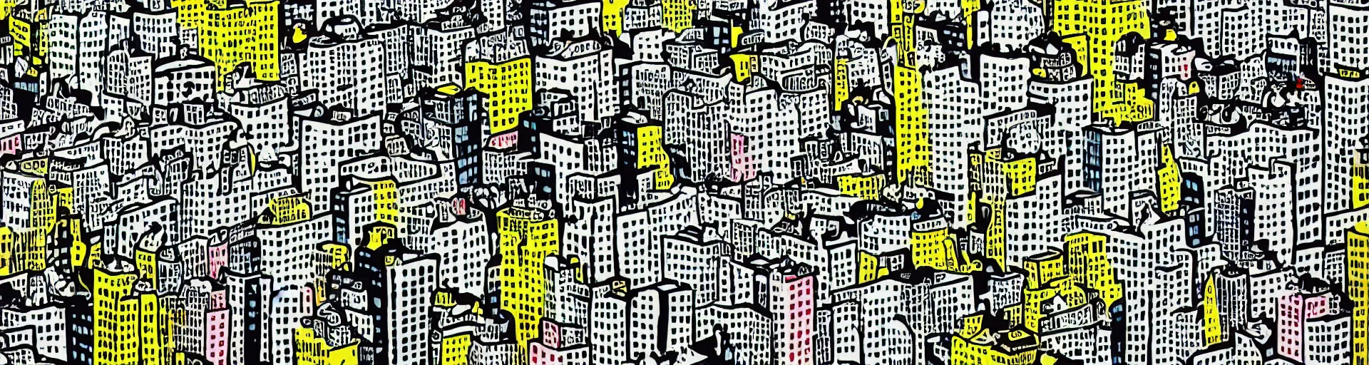 Prompt: birds in the city by roy lichtenstein