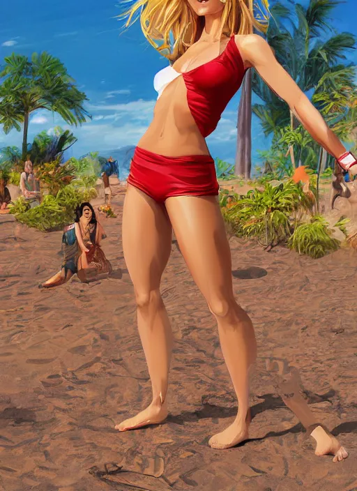 Image similar to , a gorgeous hulking woman with very long hip-length blonde hair, happy sunny day, wearing a cut-off white top and red dirt cut-off shorts standing by the water, beach tennis, modern architecture, in the style of artgerm and moebius and annie liebovitz, marvel comics, photorealistic, highly detailed, trending on artstation, Gediminas Pranckevicius