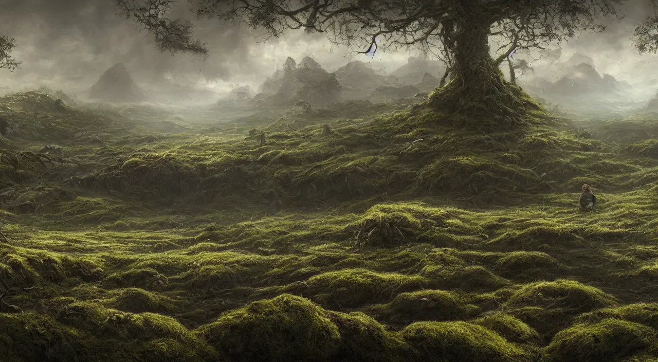 Prompt: Panorama of a desolate land incorporating a giant 65 year-old Gaia covered in moss, crying softly and humbly, sitting on a dried up river, highly-detailed, elegant, dramatic lighting, artstation, 4k, cinematic landscape