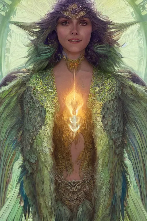 Prompt: a beautiful upper body shot from a fantasy film of a humanoid iridescent green owlbear wearing a loose tunic. an anthropomorphic phoenix. fantasy, frown, intricate, elegant, highly detailed, digital painting, artstation, concept art, matte, sharp focus, illustration, art by artgerm and greg rutkowski and alphonse mucha