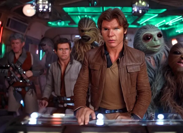 Prompt: screenshot of Han Solo, played by Harrison Ford, surrounded by Greedo Rodian alians outside a neon lit bar, from the 1970s Star Warsspy thriller film directed by Stanley Kubrick, in a sci-fi shipping port, last jedi, 4k HD, cinematic lighting, beautiful portraits, moody, stunning cinematography, anamorphic lenses, kodak color film stock