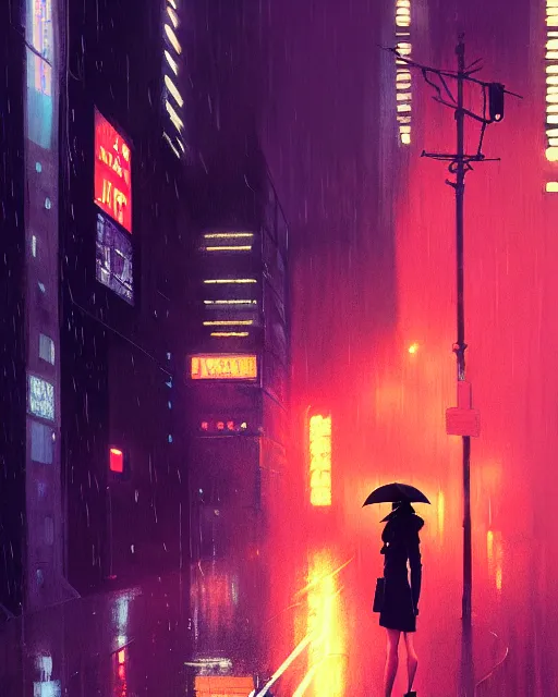 Image similar to blade runner, hyper - realistic portrait of a girl with umbrella, real street, rain, cinematic, by atey ghailan, by greg rutkowski, by greg tocchini, by james gilleard, by joe fenton, by kaethe butcher, 8 k, very intricate, 8 0's, night