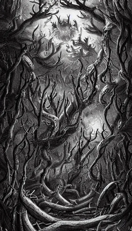 Prompt: a storm vortex made of many demonic eyes and teeth over a forest, by fortiche studio