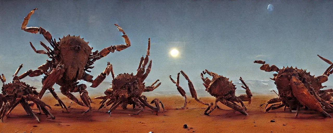 Prompt: a herd of giant crabs made of steel running abound on barren desert exoplanet by James Gurney, by Caspar David Friedrich, by Beksinski and Alex Gray