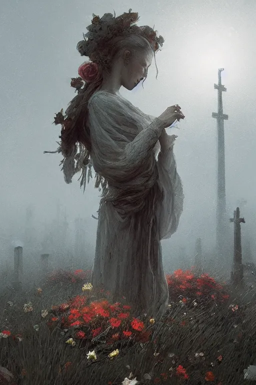 Image similar to The last spirit living in the cemetery, flowers, illustrated by Greg Rutkowski and Caspar David Friedrich., Trending on artstation, artstationHD, artstationHQ, 4k, 8k