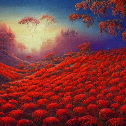 Image similar to A painting of a beautiful scene of nature. The colors are very soft and muted, and the overall effect is one of serenity and peace. The composition is well balanced, and the brushwork is delicate and precise. bright, 2010s, warm red by Virgil Finlay contest winner, #wow