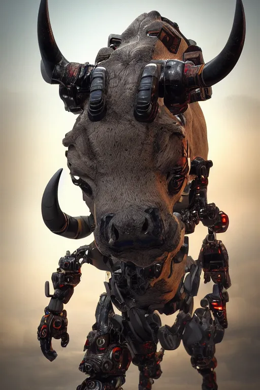 Image similar to a full body shot of a cyborg ( bull ) modeled after a bull looking into the camera, android, cyborg, full body shot, intricate, 3 d, hyper realism, fantasy, depth of field, octane render, symmetrical, highly detailed, digital art, artstation, concept art, cinematic lighting, trending