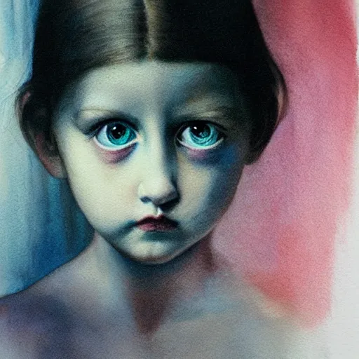 Image similar to close up of a bautiful girl with big silver eyes, watercolor by gottfried helnwein, by hammershøi, art noveau, highly detailed, lights by edward hopper, liminal, eerie, bright pastel colors