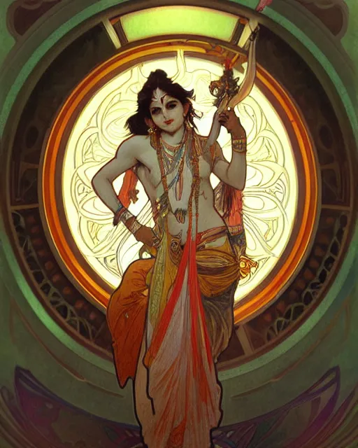 Image similar to amazing lifelike award winning pencil illustration of Krishna in style of Alphonse Mucha, trending on art station artgerm Greg rutkowski alphonse mucha cinematic, epic Lighting