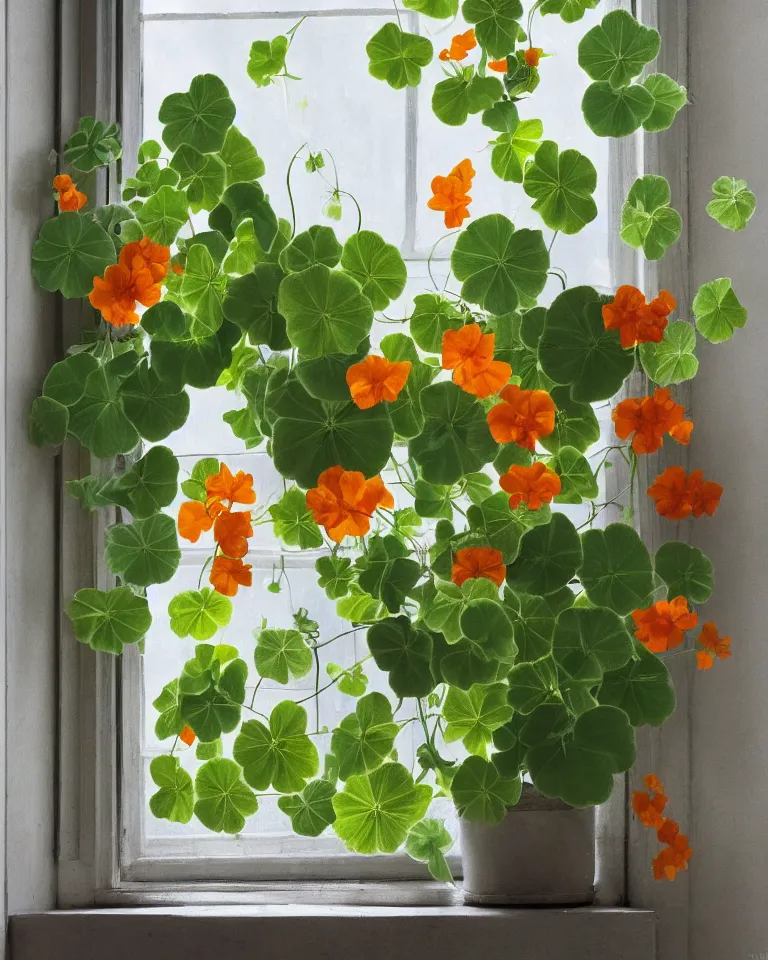 Prompt: fine artwork of a still life arrangement of flowering nasturtiums soft light coming from a window in a dark room, moody, wabisabi, hygge