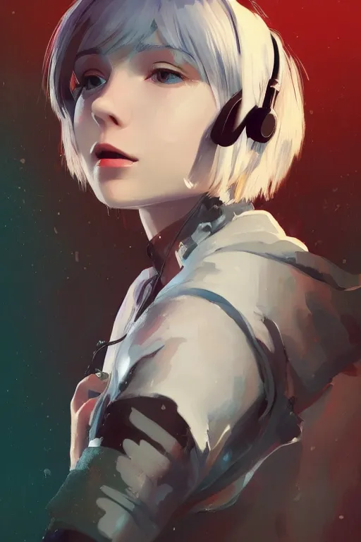 Image similar to a cute young woman listening to music with her eyes closed and wearing headphones, white bob cut hair, freckles, dark thunderclouds in the backround, vivid colors, soft lighting, cinematic, moody, nier automata, poster, oil on canvas, in the style of Ilya Kuvshinov, 8k