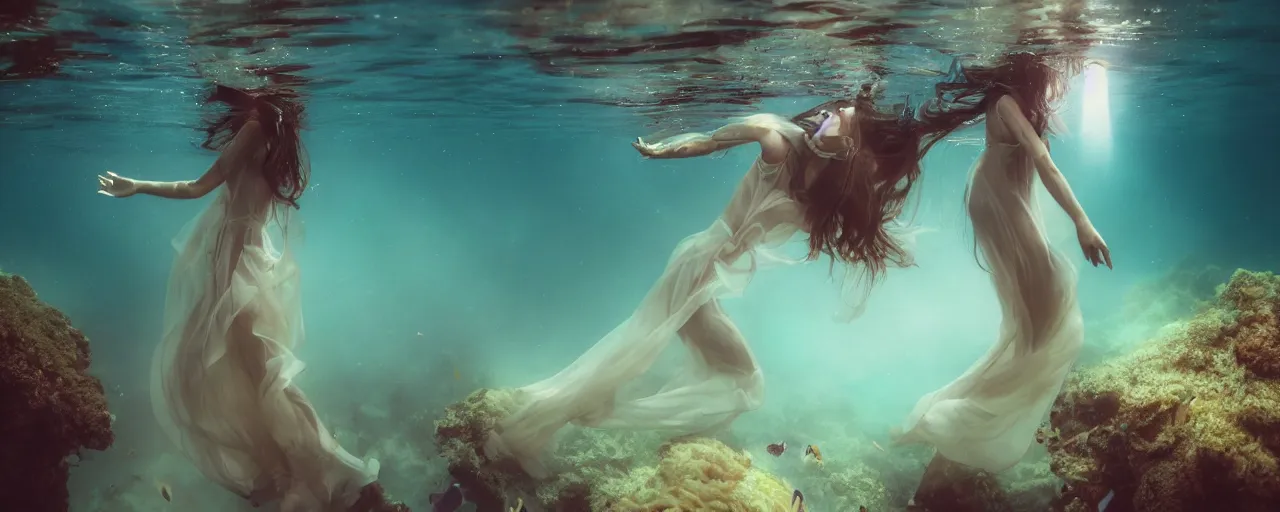 Image similar to beautiful female portrait, full body, diver in long flowy dress, underwater, cinematic volumetric lighting, soft bokeh, 8 k, by wlop, by ross tran