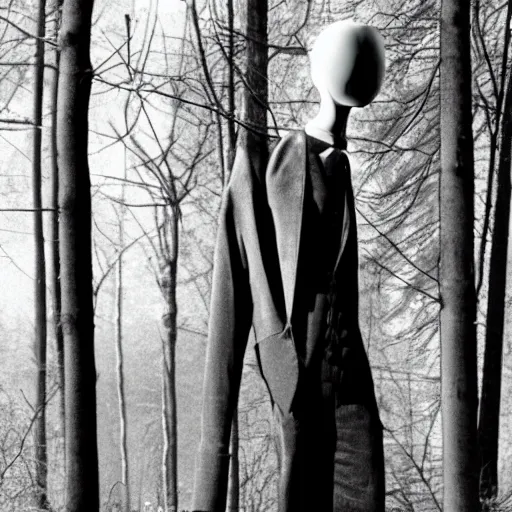 Prompt: black and white photo of slenderman