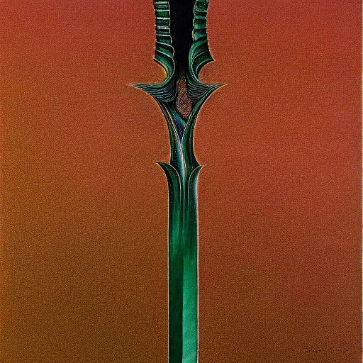 Image similar to diagram of a sword in the style of zdzisław beksinski, elegant, copper and emerald, flower petals