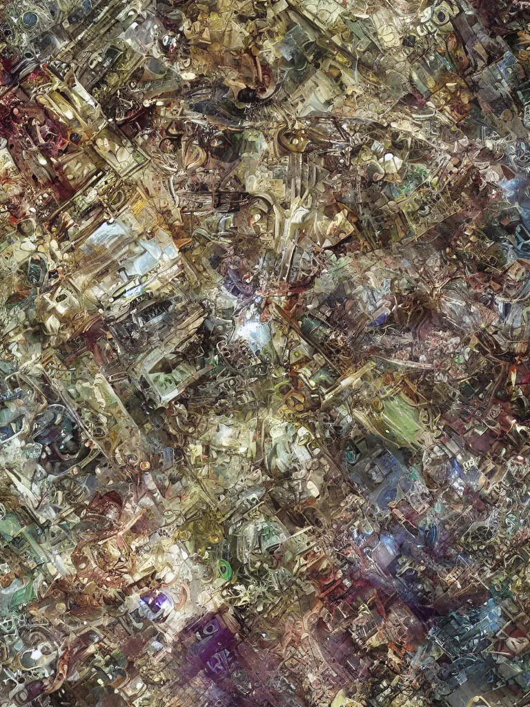 Image similar to big technology circuit board, crystal gems embedded, worn decay texture, intricate concept art painting, fantasy, nature grotesque dark