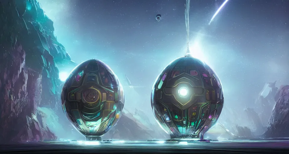 Prompt: The Futuristic Faberge Egg Space Ark by Greg Rutkowski, giant robot titans, magical glow, inspired by Stephan Martiniere and O'Neill Cylinder, fantasy, digital art, professional illustration, realistic, ultra detailed, atmospheric, cinematic lighting, movie concept art, hyper detailed, insanely detailed, corona render, octane render, colorful redshift render, 8k