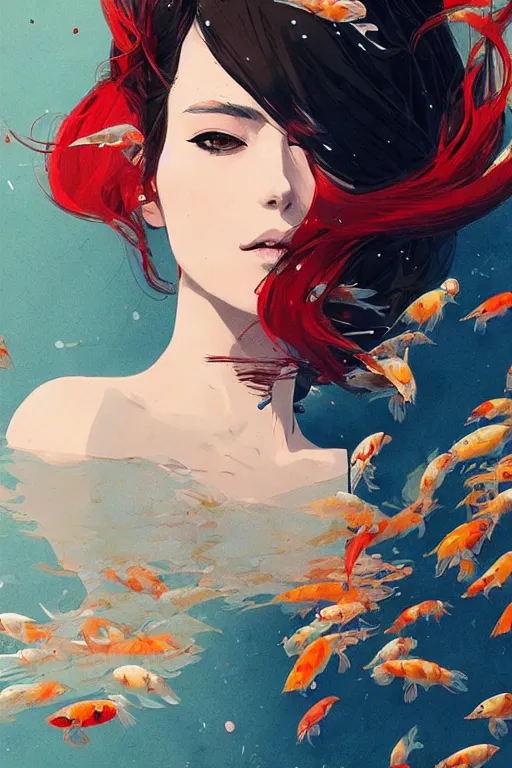 Image similar to a ultradetailed beautiful portrait panting of a stylish woman surrounded by floating koi fish, by conrad roset, greg rutkowski and makoto shinkai, trending on artstation