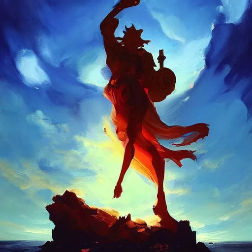 Image similar to colorful peter mohrbacher and andreas rocha impasto!! acrylic painting of a marble statue of a warrior on the shore of a beach with a spectacular sunset overhead. trending on artstation