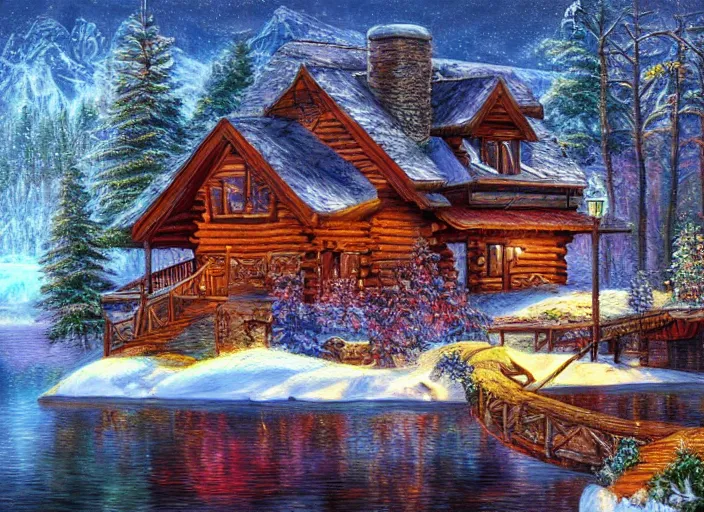 Image similar to beautiful cabin on a lake in the winter, 8 k, matte painting, in the style of artist, josephine wall