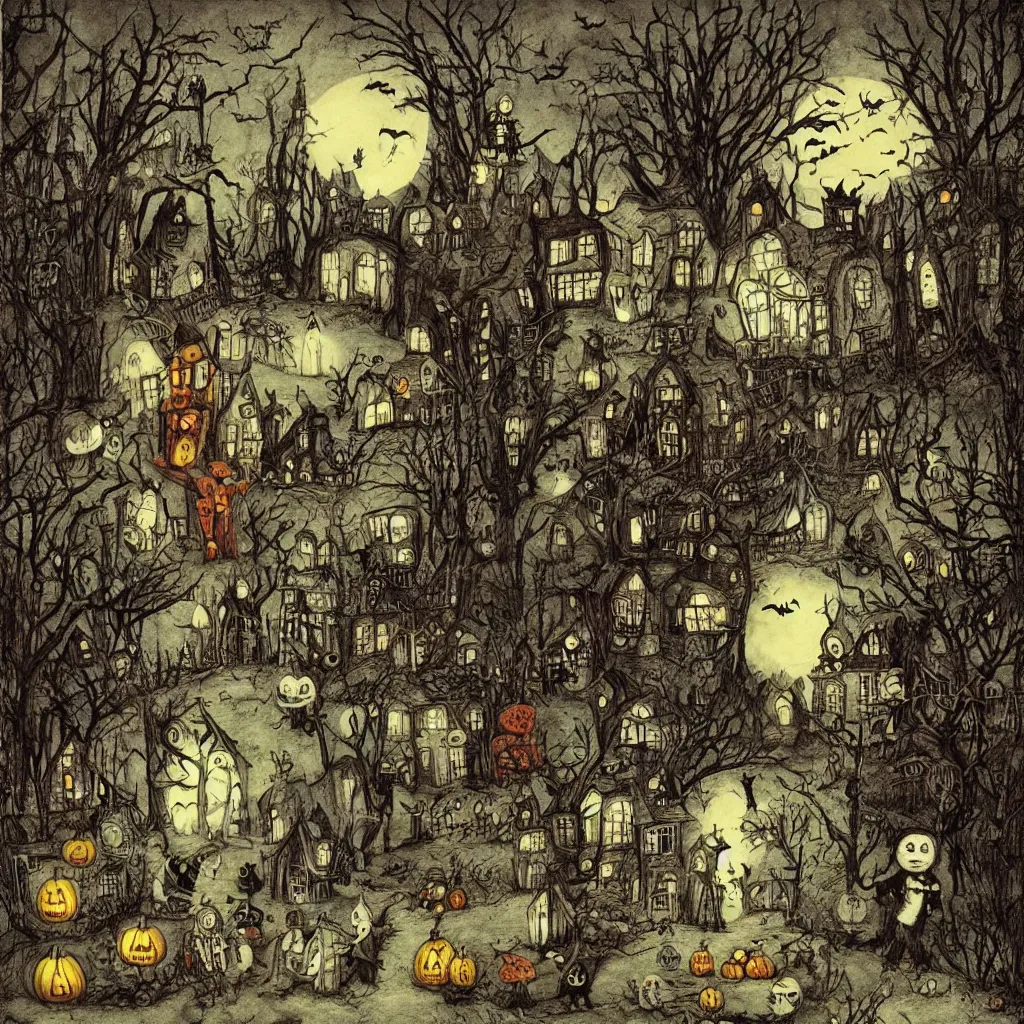 Image similar to a halloween scene by alexander jansson and maurice sendak