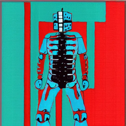 Prompt: ‘dead space’ isaac clark suit, piet mondrian, teal palette