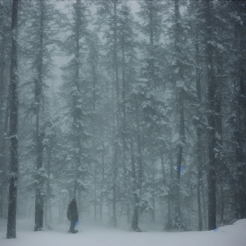 Image similar to photo, bigfoot is hiding in the background. cold color temperature, snow storm. hazy atmosphere. humidity haze. kodak ektachrome, greenish expired film, award winning, low contrast