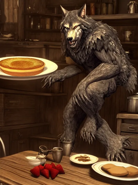 Image similar to cute handsome cuddly burly surly relaxed calm timid werewolf from van helsing sitting down at the breakfast table in the kitchen of a normal suburban home cooking having fun baking strawberry tart cakes unreal engine hyperreallistic render 8k character concept art masterpiece screenshot from the video game the Elder Scrolls V: Skyrim