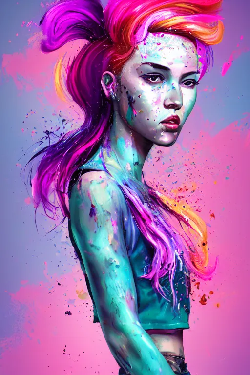 Image similar to a award winning half body porttrait of a beautiful woman in a croptop and cargo pants with ombre purple pink teal hairstyle with head in motion and hair flying, paint splashes, splatter, outrun, vaporware, shaded flat illustration, digital art, trending on artstation, highly detailed, fine detail, intricate