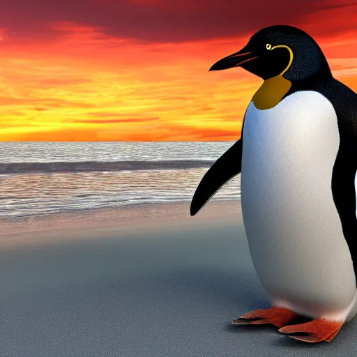 Prompt: realistic penguin at the beach during sunset. high details. 3 d render, octane render, wallpaper