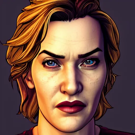 Image similar to kate winslet portrait, borderlands, tales from the borderlands, the wolf among us, comic, cinematic lighting, studio quality, 8 k