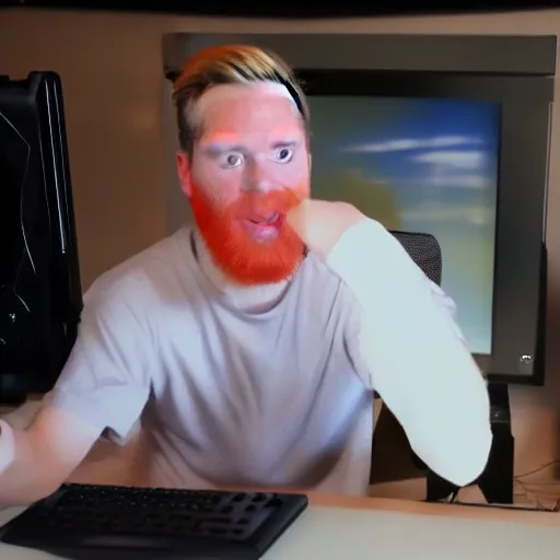 Image similar to a male ginger puppet streams games on his computer to twitch,