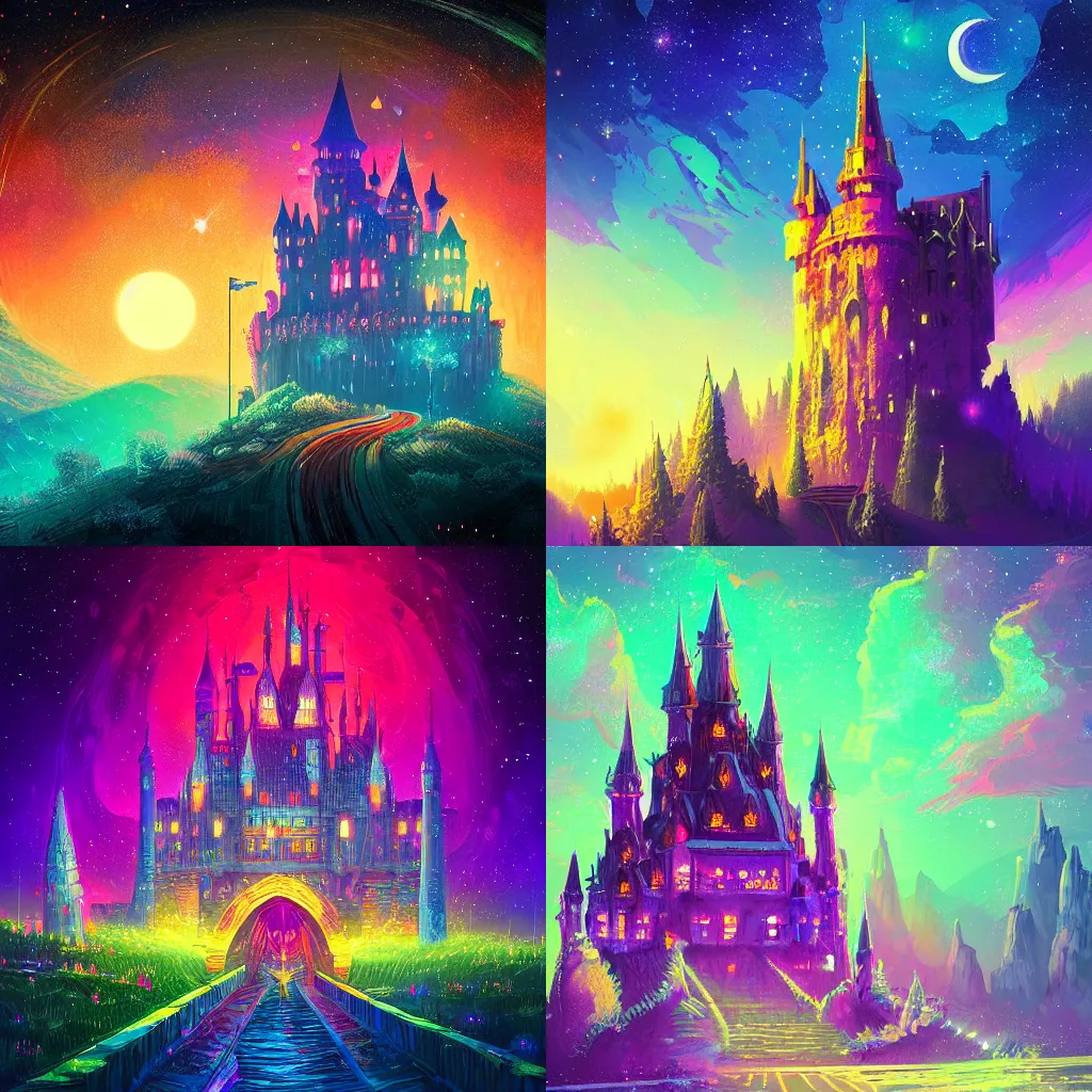 Prompt: high fantasy castle, galaxy, stars, colourful, magical, mythical, digital art, trending on art station, by alena aenami