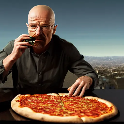 Prompt: walter white eats a pizza on the roof,