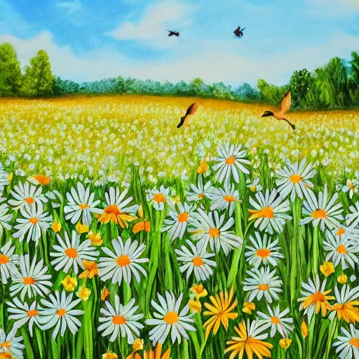 Prompt: a vibrant painting of giant geese in a field of daisies