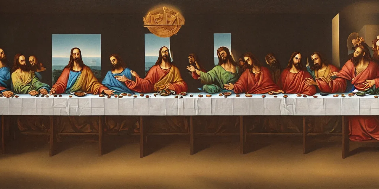 Image similar to the last supper iconic image in the style of dali surreal jesus christ iconography