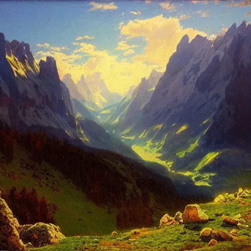 Prompt: wonderful alpine mountain valley, swiss, soft dynamic clouds astral appearance, cinematic light, sublime, colorful, light shafts, dramatic light, by august malmstrom, russian painters, mucha, disney, global illumination, rule of thirds, perfect central composition