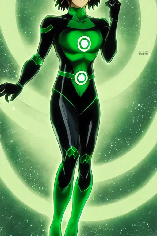 Image similar to anime key visual of a beautiful young female green lantern!! intricate, green and black suit, glowing, powers, dc comics, cinematic, stunning, highly detailed, digital painting, artstation, smooth, hard focus, illustration, art by artgerm and greg rutkowski and alphonse mucha