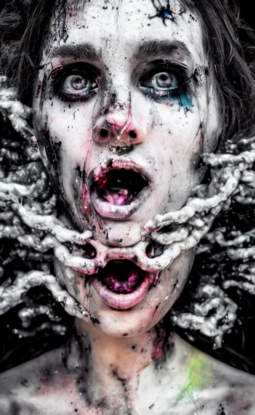 Image similar to grungy woman with luminescent paint flowing out of her mouth, dark, horror, cinematic, Sony a7R IV, symmetric balance, polarizing filter, Photolab, Lightroom, 4K, Dolby Vision, Photography Award