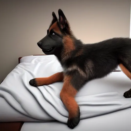 Image similar to in my bedroom my gsd puppy gets the zoomies and jumps around on the bed. the bed has a color comforter that's unmade. high energy, frenetic craziness, running, jumping, and chasing. cg animation, 3 d octane render, imax 7 0 mm, rtx,