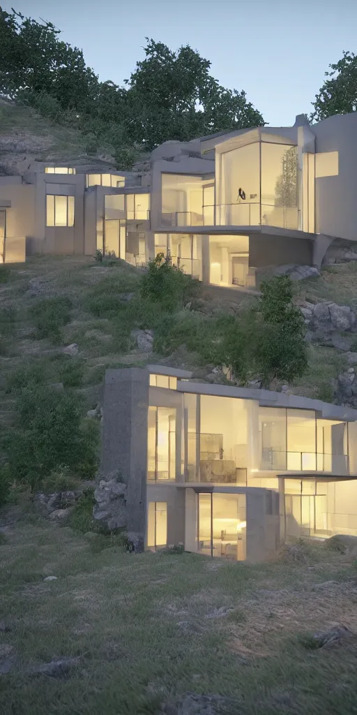 Prompt: a night photo of a contemporary house with large, bright windows. The house is a massive boulder. There houses has many people inside who can be seen in the many windows. Megascans, 8k, unreal engine 5.