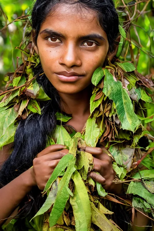 Image similar to a professional photo of a sri lankan jungle girl, black hair, gatherer, covered in leaves, extremely high fidelity. key light.