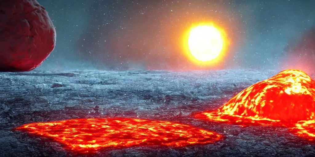 Image similar to a melted glowing snowman melting on top of the sun. the ground is made of fire and lava and is glowing orange. cinematic, dramatic, epic, volumetric lighting, atmospheric, red, orange extremely coherent, masterpiece, highly detailed, trending on artstation, 8 k, space, warm, solar flare, blade runner 2 0 4 9