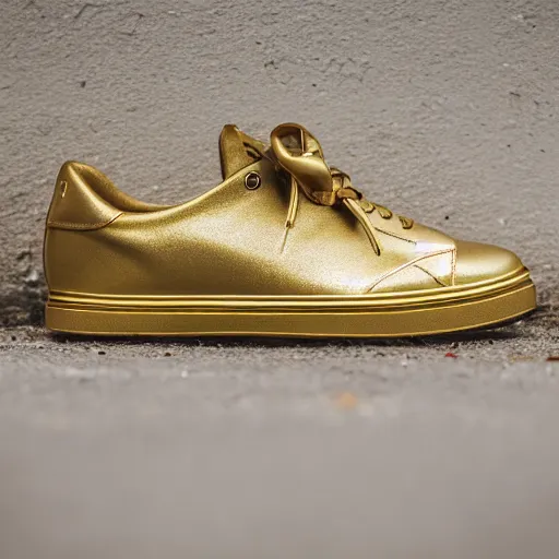 Prompt: Platform sneakers made out of solid gold, EOS-1D, f/1.4, ISO 200, 1/160s, 8K, RAW, unedited, symmetrical balance, in-frame