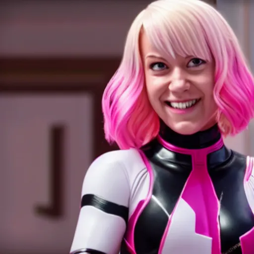 Image similar to A still of Gwenpool in Deadpool 3 (2023), blonde hair with pink highlights, no mask, white and light-pink outfit, smiling and winking at the camera