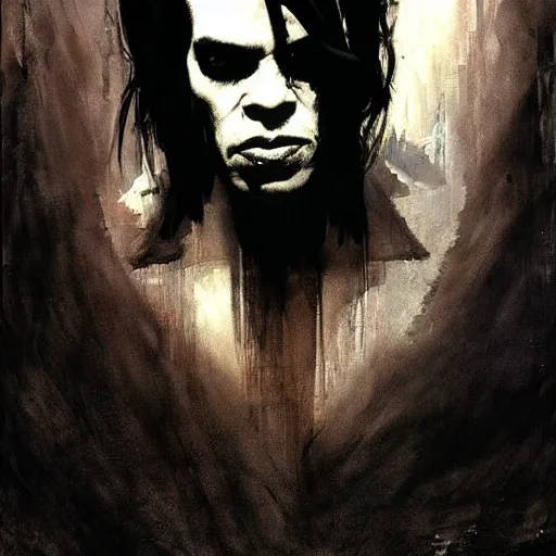 Image similar to nick cave as dream from sandman, dim stars as eyes, by jeremy mann, by cedric peyravernay, by ben templesmith, by dave mckean and richard avedon, dramatic lightning, sadness, dark eye sockets, in the shadows, punk rock, gothic, high detailed, 8 k