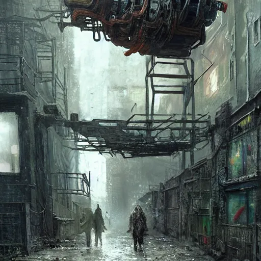 Image similar to close view of sadie sink. runs desperately | a mechanical monstrosity runs toward sadie sink | background : alleyway near decaying tenements. concept art for scifi dystopian film. by nikolay makovsky, bob byerley, wadim kashin, andrea kowch. cinematic moody atmosphere, detailed and intricate, perfect anatomy