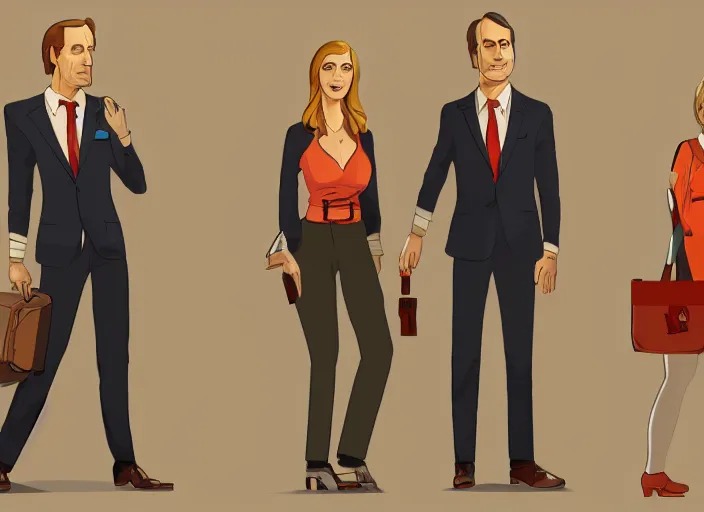 Prompt: ilustration of kim wexler and saul goodman, extremely detailed artstation, for aaa game, high quality, adobe ilustrator, behance