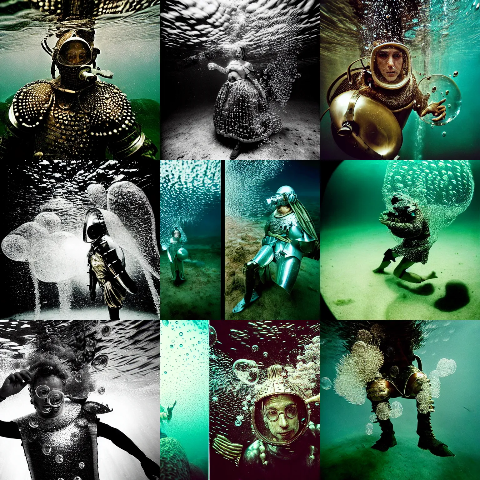 Prompt: Underwater photo of an artist in medieval armor by Trent Parke, close up, huge bubbles, metallic patterns, clean, detailed