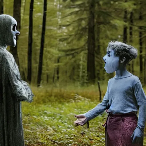 Image similar to a ethereal phantom talking with a kid in the middle of a dark forest